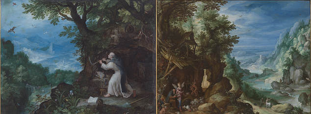 Jan Brueghel il Vecchio- Paesaggio con Pietro da Morrone, San Piero Celestino e Tentazioni di Sant' Antonio